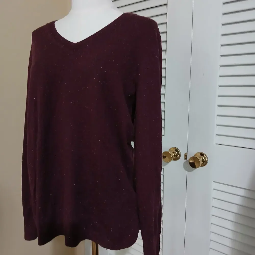 Talbots Med Maroon Multicolor Flecked V-Neck Sweater Cotton Blend Lightweight